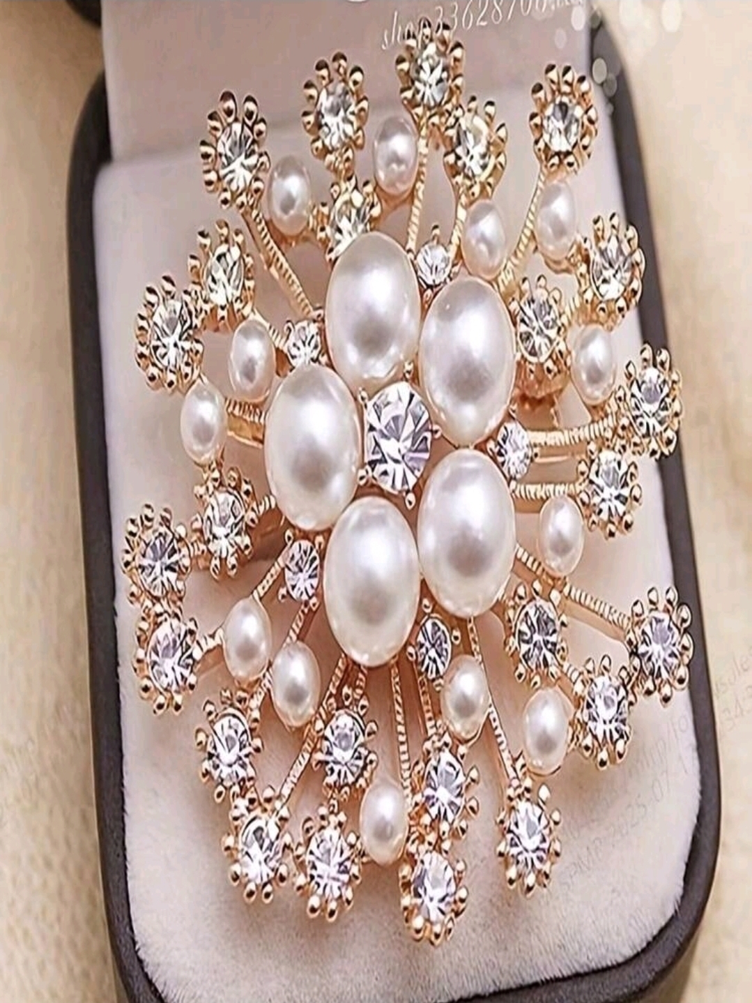 Rose Gold Pearl Crystal Burst Brooch 55$